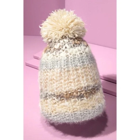 Ivory Cozy Knitted Striped Pompom Winter Knit Beanie Women's Hat - Picture 3 of 4